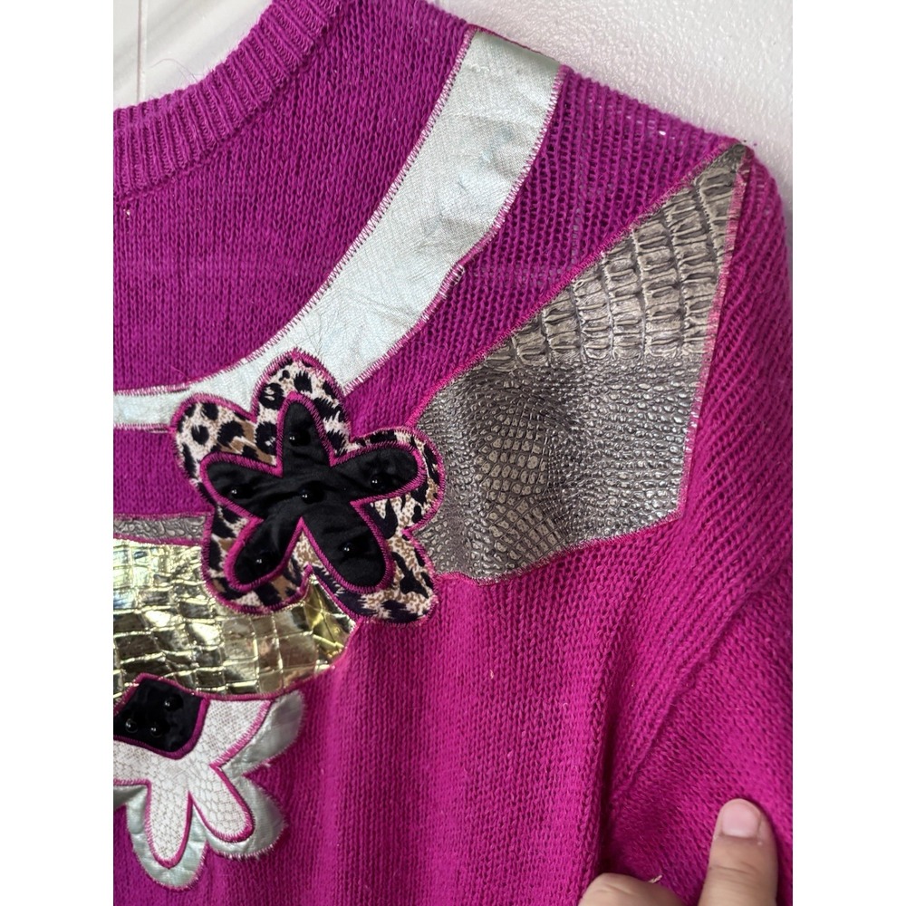 Anytime Glitz Vintage 80s 90s Women's Sweater Magenta Knit Large Silk Blend Bead - Picture 3 of 7